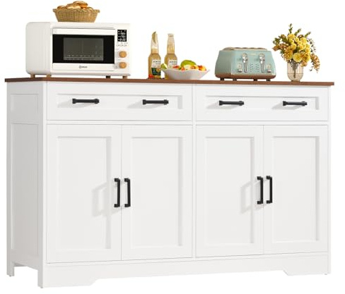 TEENFON Credenza Cucina 140cm, Mobile Cucina Salvaspazio con 2 Cassetti e 4 Ante, Buffet per Sala da Pranzo, Mobile Soggiorno con Ripiano Regolabile, Bianco 140x40x80 cm