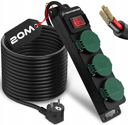 Alargador Pantherise 3 Tomas IP44 | Cable Largo | con Toma de Tierra | Interruptor | para Jardín, Obra, Taller | Negro (Cable de 20 m)