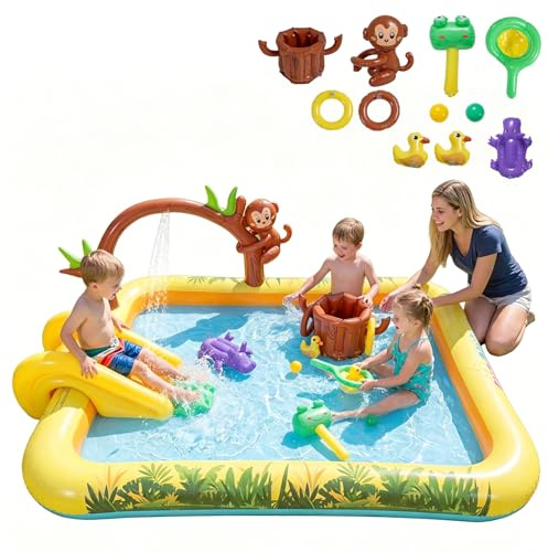 HOMASIS Piscina Gonfiabile per Bambini in PVC, Multifunzione con Scivolo, Spruzzatore e Accessori, Tema Animali, Ideale per Giardino e Gioco Estivo, Avventura con Scimmia, 207 x 168 x 77 cm
