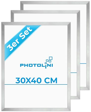 PHOTOLINI Bilderrahmen 30x40 Holz MDF Silber, 3er Set Bilderrahmen 40x30 cm, Picture Frame mit bruchsicherem Acrylglas, Rahmen 30 x 40 zum Aufhängen, extra Zubehör - Rahmen 30x40 für Fotos & Poster