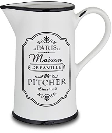 for friends Krug für 1 Liter Wasser & Getränke, Französischer Krug Paris Line in Schwarz & Weiß mit Aufdruck PITCHER, Wasser Karaffe rund aus Steingut mit Griff im Shabby Chic Look