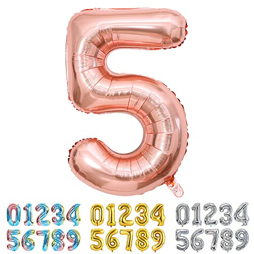 Ponmoo Foil Balloon Number 5 Rosegold, Giant Numbers 0 1 2 3 4 5 6 7 8 9 10-19 20-29 30-39 40-49 50-60-70-80-90-100, Large Balloons for Wedding Anniversary Birthday Party Decoration