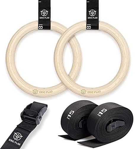 Eric Flag Gymnastikringar i trä - Gymringar med Olympiska Dimensioner, Diameter 28 mm - Träringar med Graderade Upphängningsremmar, Ringar Justerbara för Fitness, Gymnastik, Styrketräning och Crossfit