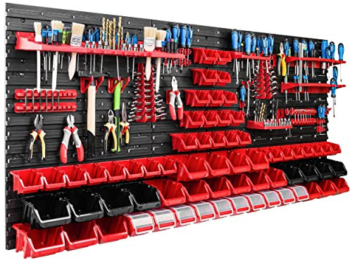 Lagersystem Werkstattregal | 172 x 78 cm | 66 stck. Box | Wandregal mit Werkzeughalterungen und Stapelboxen - Wandplatten Extra Starke Schüttenregal Warkzeuglochwand Lagerregal Garage Regal