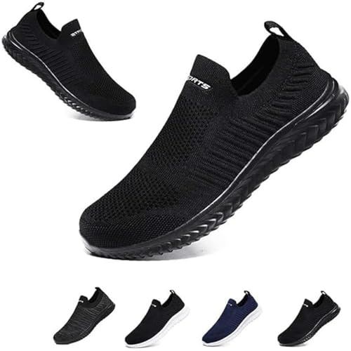 Mens Womens Slip On Trainers Casual Nordic Walking Shoes Breathable Running Shoes Nurse Work Shoes Lightweight Tennis Shoes Soft Mesh Gym Workout Sneakers Black EU40 Convert UK6