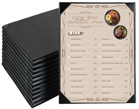 FLKQC Restaurant Menu Covers Holders 8.5 X 11 | Pack of 12 Synthetic Leather Single View Menu Holder Covers Book Style with Angled Corners Black for Wine List