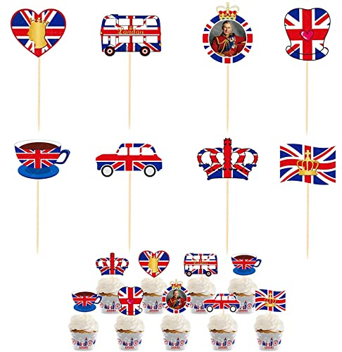Union Jack Cake Decorations Cake Toppers Cocktail Sticks,8P Union Jack Flag King Charles III Cake Toppers Cupcakes Picks Toppers for VE Day 80th Anniversary Decorations,Union Jack Party Supplies