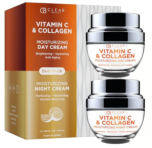 Clear Beauty Vitamin C & Collagen Face Moisturizer - Hydrating Anti Aging Day & Night Cream - Firms Smooths & Evens Skin Tone - Dermatologist Tested, Korean Skin Care Set, Clean Beauty - Duo Pack