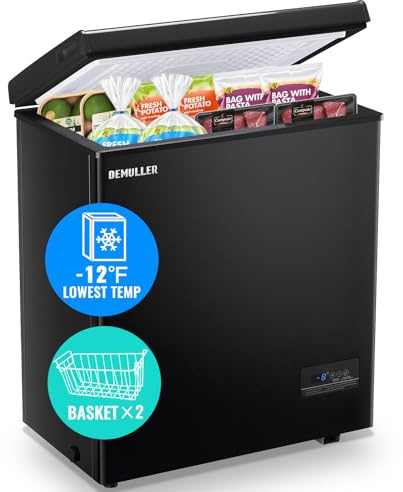 DEMULLER Large Capacity Chest Freezer Mini Deep Freezers (Down to -11.2 ℉) with TWO Removable Baskets Freestanding Black Compact Size for Home Kitchen Office Apt