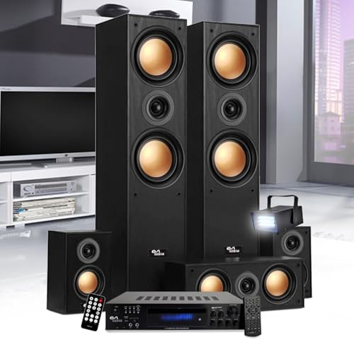 Evidence Acoustics Pack Home-Cinéma EA950-PG - 5 Enceintes 850W - Ampli 5.1 USB BT FM - 4 x75W, 3 x20W - Mini Strobe en Cadeau