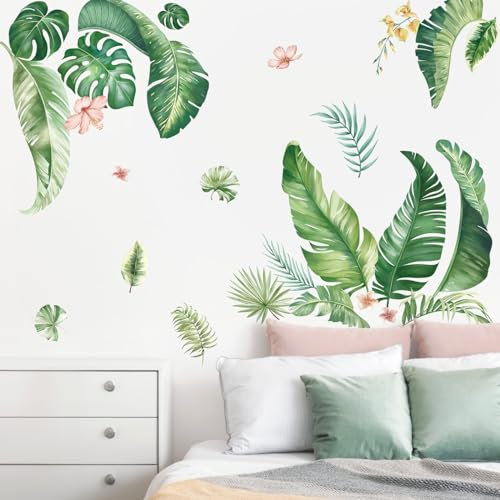 wondever Wandtattoo Blätter Tropisch Blumen Wandaufkleber Pflanzen Grüne Palmenblätter Wandsticker Wanddeko für Schlafzimmer Wohnzimmer TV Hintergrund
