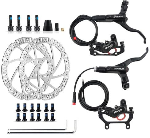 ZOOM Ebike Hydraulic Disc Brake Set: HB-876E 4-Pistons Power-Off Electric Bike Brake Kit with 2-PIN Sensor Included 180mm Rotors and Mounting Adapter