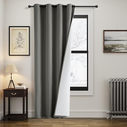 MIULEE Rideau Occultant Thermiques Anti Froid Hiver avec Doublure Epais, Double Rideau de Porte d'entrée Isolant Thermique à Oeillets Lot de 1, Rideaux Anti Froid pour Chambre Salon, Gris, 140x200 CM