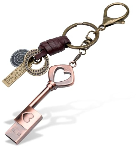 BorlterClamp USB-minne, 16 GB, USB 2.0, retro, metall, hjärtform, nyckelform, tumenhet med nyckelring, för bröllop/gåva, födelsedag/avslutningspresent