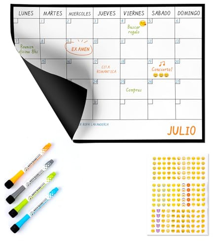 SB Calendrier Mensuel Magnétique Pour Frigo A3 42X30CM + 4 Marqueurs Premium + 55 Stikers Aléatoires | Tableau Magnetique Frigo pour le planning familial mensuel 100% modifiable.