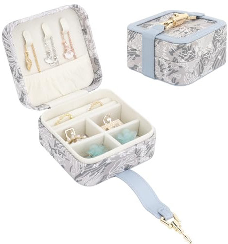 DesignSter Boîte à Bijoux, Mini Coffret à Bijoux de voyage pour femme avec boucle, Petit Rangement Bijoux portable avec broderie jacquard pour bague, boucle d'oreille, collier, bleu