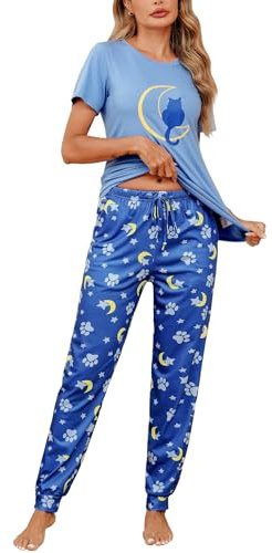 Bresdk Pigiama Donna Cotone Manica Corto Pantaloni da Pigiama Lunghe Lovable Due Pezzi Estivo Gatto Blu L