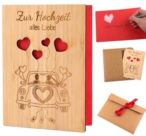 KEUGT Gratulationskort i trä med kuvert, handgjort jubileums bröllopskort, miljövänlig present till alla hjärtans dag, jul, mors dag hjärtkort anpassningsbart 15 x 11 cm