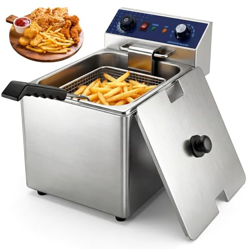 Catering elektrisk fritös för restaurang, 16 l 3 500 W rostfritt stål rymlig köksfritös med korg och lock, tidsbrytare temperaturkontroll 60–200 °C snabb uppvärmning för hem och företag