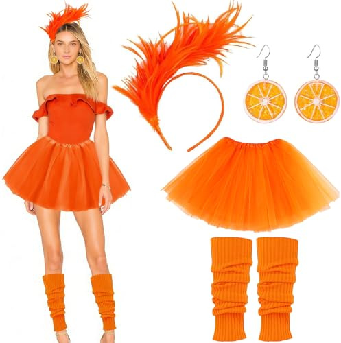 Carnival Costume Accessories for Women - Orange Fancy Dress, Artificial Flower Feather Headwear, Orange Fruit Earrings, Leg Warmer, Carnival Cocktail Wedding Prom Tea Party Decoration, 4-Piece Set