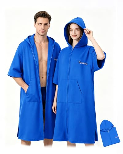 Taximi Badeponcho Damen und Herren, Mikrofaser Bademantel mit Reißverschluss, Schnelltrocknend & Leicht, Umziehponcho für Strand, Schwimmbad & Wassersport (Königsblau)