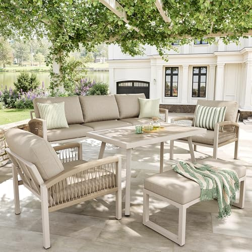 Set di divani da giardino intrecciati a mano, per 7 persone, con braccioli, robusto telaio in ferro e imbottitura beige, completo di tavolo (vetro effetto legno) e 2 poltrone, resistente alle