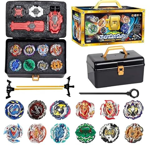 JYQOQH 12 Toupie Blade Burst Turbo, Toupies de Combat, 3 Lanceur, 1 Poignée et Boîte de Rangement, Toupie Battle Set, Gyro de Combat Jouet Set pour Journée Enfants, Noël, Anniversaires