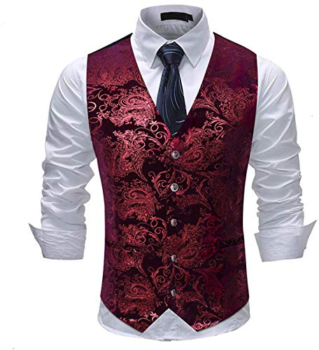 Allthemen Mens Paisley Jacquard Suit Gilet monopetto Vest Slim Fit Button Down Prom Abito formale Gilet Rosso M