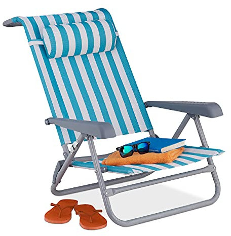 Relaxdays Vikbar liggstol, justerbar i 8 steg, strandstol med nackkudde, armstöd och flasköppnare, blå/vit, 1 st