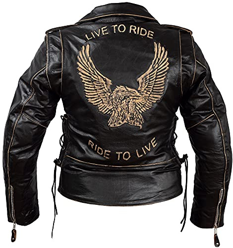 Chaqueta de Moto para Mujer de Cuero Envejecido modelo Águila by Iguana Custom Collection con Protecciones Homologadas y Cremallera Cruzada hasta la Solapa (XL)
