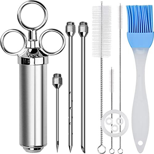 KAONESS Siringa per Arrosti 60ml Siringa per Condimenti in Acciaio Inossidabile Kit Iniettore per BBQ Siringa di Tacchino con 3 Aghi di Ricambio e Spazzola et Pulizia per Manzo Pollo Maiale（Argento）