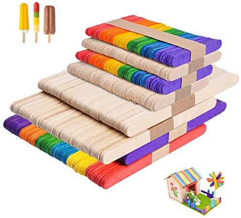 Seasboes 4 in 1 Palos de Madera Coloridos Natural, 400 pcs Palos de Helado de Madera, Palillos de Madera para Manualidades DIY, Bricolaje Artesanía Juguetes para Niños, Espátulas para Manualidades