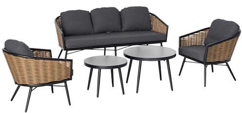 Outsunny Set Mobili da Giardino in Rattan 5 Pezzi, Salottino da Esterno con 2 Tavolini, Divano 3 Posti e 2 Poltrone con Cuscini