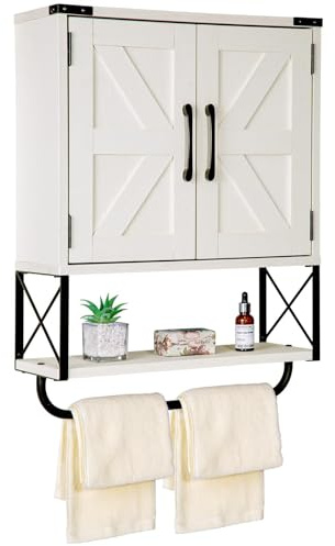 RUSTOWN Farmhouse Medicine Cabinet with 2 Barn Door, Wood Wall Mounted Storage Cabinet with Adjustable Shelf and Towel Bar, 3-Tier Bathroom Cabinet for Bathroom, Living Room(Vintage White, Medium)