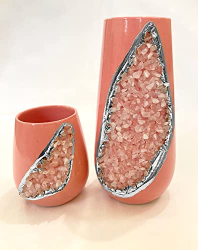 Pink and Gold Ceramic Vase/Planter/Pot/Wine Goblet/Mug with Rose Quartz Semi - Precious Agate Crystal Gemstones |Both (Small & Large), (Silver - Finish)