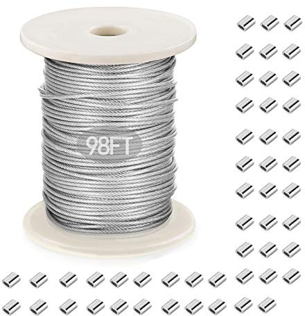 Picture Hanging Wire, Vinyl Coated Stainless Steel Wire with 50 pcs Aluminum Crimping Loop Sleeve for Hanging Photo Frame Artwork Mirror Bird Feeder String Light Plant Climbing (1.5mm x 98Feet)