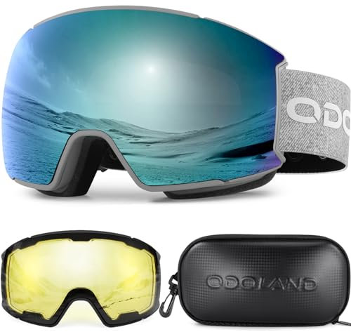 Odoland Skibrille Snowboardbrille für Damen und Herren mit 2 Magnetische Wechselglas und Hülle Anti-Fog UV-Schutz Helmkompatible für Jungen und Frauen, Männer zum Snowboard Skifahren