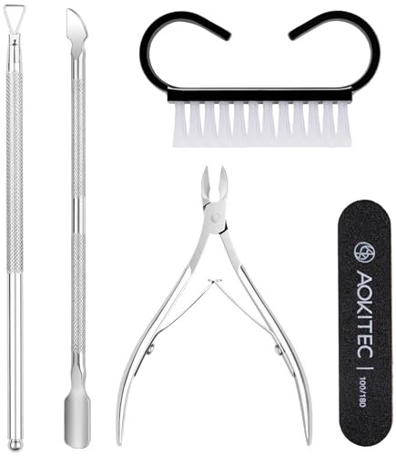 Aokitec Nagelhautschneider mit Nagelhautschieber, 5-teiliges professionelles Edelstahl-Pediküre-Maniküre-Werkzeugset mit dreieckigem Nagellackschaber, Nagelhautzange, Nagelstaubbürste