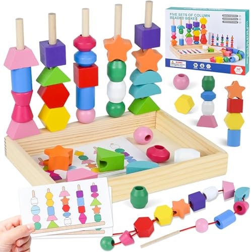 FORMIZON Montessori Spielzeug, 3-in-1 Holzspielzeug für Kinder, Hölzerne Perlen mit Stauraum, Holz Sortierspiel mit Geometrische Formen Fädelspiel, Pädagogisches Lernspielzeug für 2 3 4 Junge Mädchen