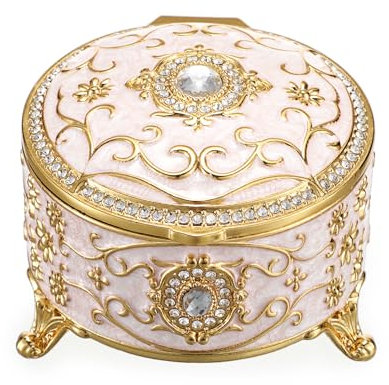 SUMTree Vintage Schmuckkasten mit Deckel Retro Schmuckschatulle aus Aluminium Runde Ringbox Beige Schmuckkästchen Schmuckbox Schmuckkoffer für Ohrringe von Damen Geschenk für Geburtstag (Klein)