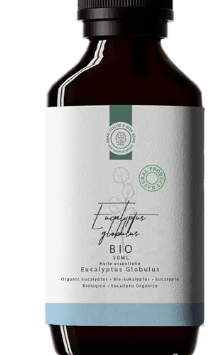50ml Olio Essenziale di Eucalipto Globulus BIO - 100% Puro, Naturale e Biologico - Qualità Alimentare per Inalazione, Aromaterapia, Diffusore - Aroma/Profumo Freschezza Naturale