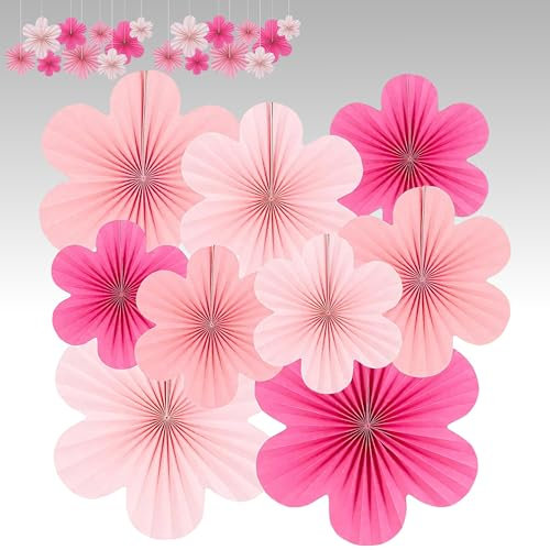 9 Stück Papierblumen Deko Hängend, Rosa Papierfächer Blumen Dekoration für Geburtstagsfeiern, Hochzeiten, Tea Party & Tischdeko – Ideal für Kirschblüten Backdrop und Raumdekoration