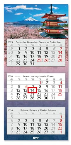 Timr Calendrier mural 3 mois 2026 - Calendrier mural 3 mois avec curseur - 70 cm Calendrier trimestriel multilingue D/GB/F/ES I Motif Japon Asie I tr330