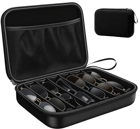 Calenxy Boîte à lunettes rigide pour plusieurs lunettes jusqu'à 7 pièces, 27 x 20 x 6 cm, étui de transport avec sangle de transport et compartiments réglables, organisateur pour lunettes de soleil