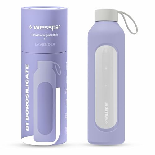 Wessper Borraccia vetro con rivestimento in silicone, bottiglia in vetro borosilicato con indicazione del tempo 1 litro, borraccia sportiva Ideale per fitness, scuola, sport, bambini – Viola