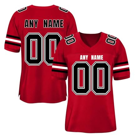 Camiseta Deportiva Personalizable | Estilo Fútbol Americano o Rugby para Hombre, Mujer y Niño | Elige Tu Texto y Números Rojo