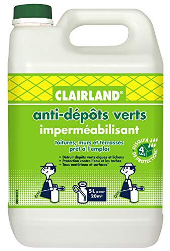 CLAIRLAND Bidon Anti-Dépôts Verts et Imperméabilisant des Toitures, Terrasses, Dallages, Murs, Solution prête à l'emploi pour pulvérisateur, 5 L, CLAIRIMPER5000, Vert