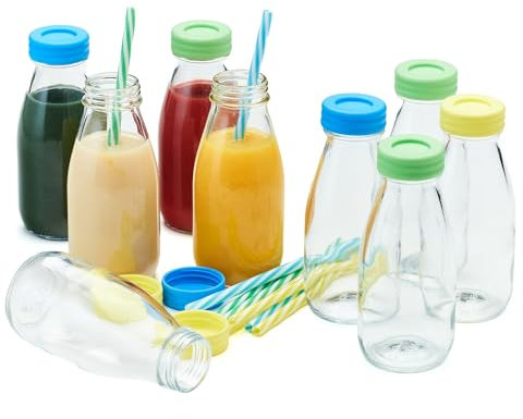 10 oz Glass Milk Bottles with Lids & Straws (9 Pack) Small Airtight Glasses with Caps, Reusable Juicing Bottles for Yogurt, Water, Juice, Smoothies, Drinking, Kids Lunch, Mini Vintage Jars, Container