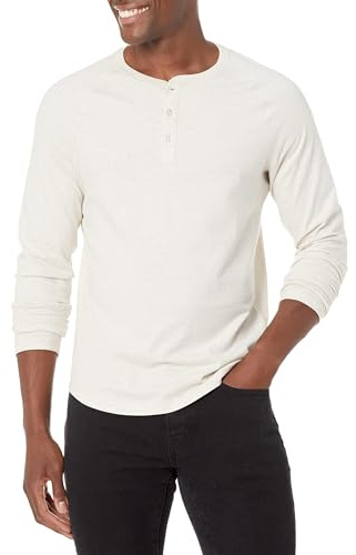 Amazon Essentials Men's Slim-Fit Long-Sleeve Henley Shirt, Oatmeal Heather, L