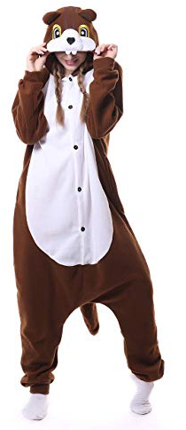 FunnyCos Unisex Pijamas de Animales para Adultos con Capucha, Disfraz de Cosplay de Halloween, Ropa de Estar por Casa, ardilla, S